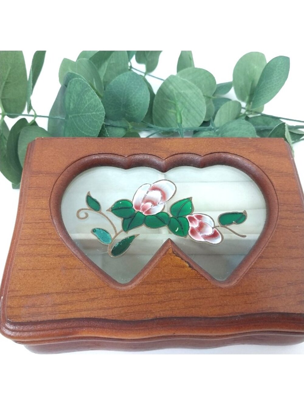 Heart-Shaped Wooden Jewelry Box Stained Glass Style Flower Inlay
